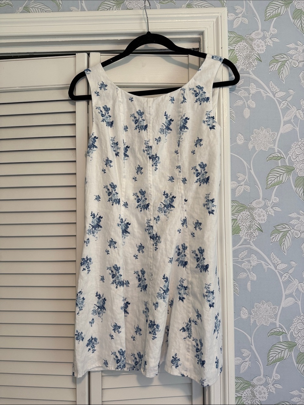 Reformation White Linen Mini Dress with Blue Floral Motif
